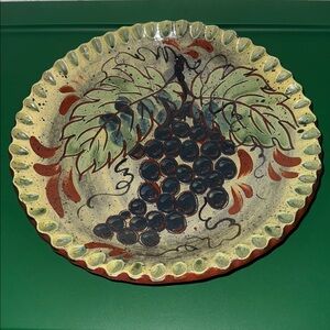Eldreth Pottery Redware 12” Bowl Pie Crust Edge Grapes Signed 2000